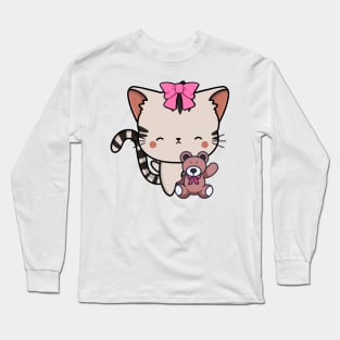 Cute tabby cat holds a teddy bear Long Sleeve T-Shirt